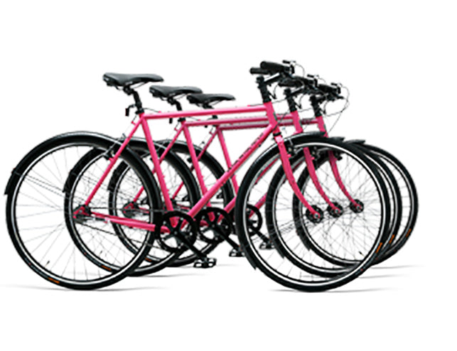 Image of multiple pink Handsome bikes representing a fleet.